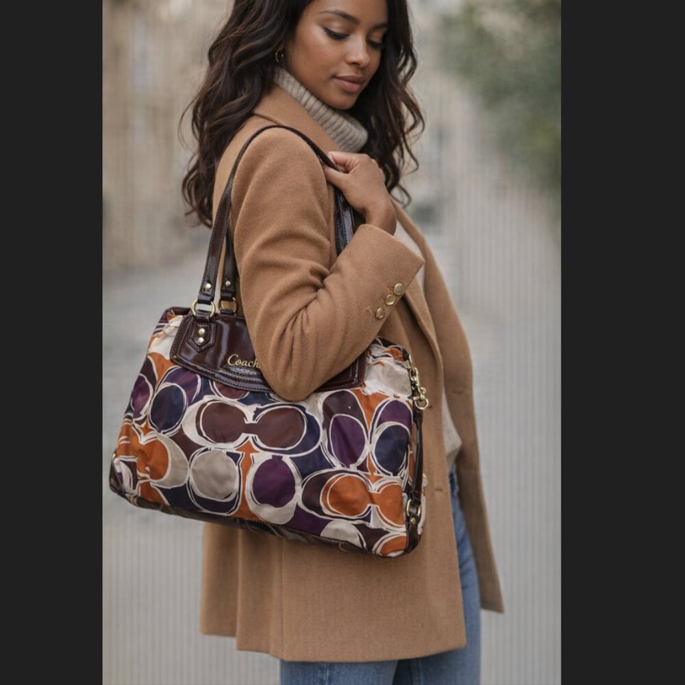 Coach Multicolor Signature Circle Tote in Purple, Brown & Orange